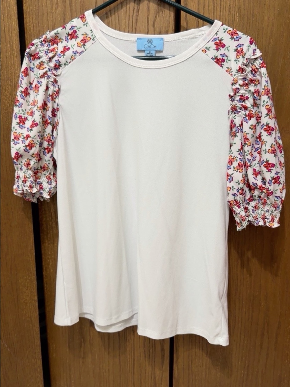 CeCe Cream Tee with Floral Puff Sleeves